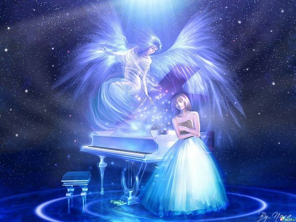 Anime picture 1024x768 with kagaya short hair smile bare shoulders signed blue hair eyes closed realistic night angel girl dress wings white dress chair piano