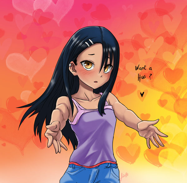 Anime picture 2532x2476 with ijiranaide nagatoro-san nagatoro hayase luizhtx single long hair looking at viewer blush fringe highres open mouth black hair hair between eyes standing signed yellow eyes text piercing ear piercing english outstretched hand