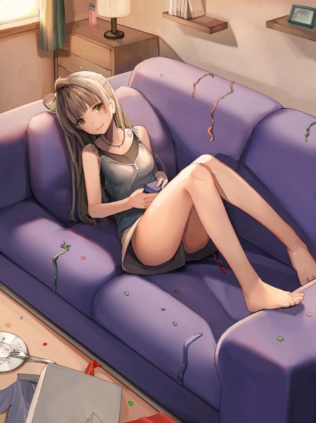 Anime picture 1851x2474 with love live! school idol project sunrise (studio) love live! minami kotori sunga2usagi single long hair tall image looking at viewer blush fringe highres light erotic brown hair brown eyes full body indoors barefoot light smile bare legs