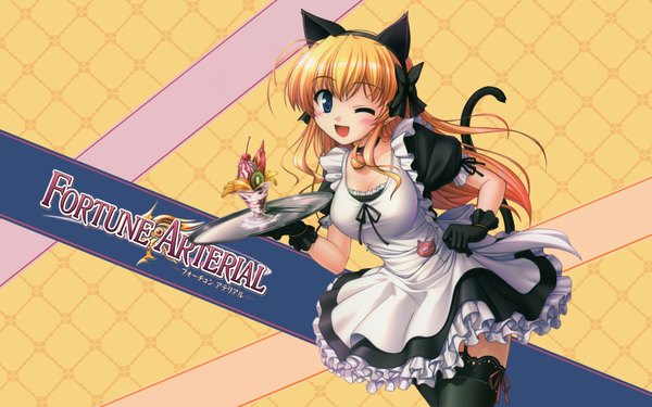 Anime picture 1680x1050 with fortune arterial august soft sendou erika bekkankou long hair blush open mouth blue eyes wide image animal ears animal tail one eye closed wink cat ears orange hair maid girl thighhighs apron tray