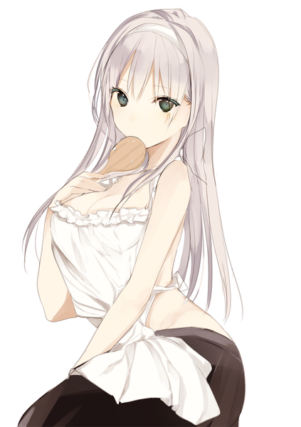Anime picture 600x851 with original lpip single long hair tall image looking at viewer fringe breasts light erotic simple background large breasts white background sitting payot cleavage pleated skirt fingernails grey hair black eyes no bra