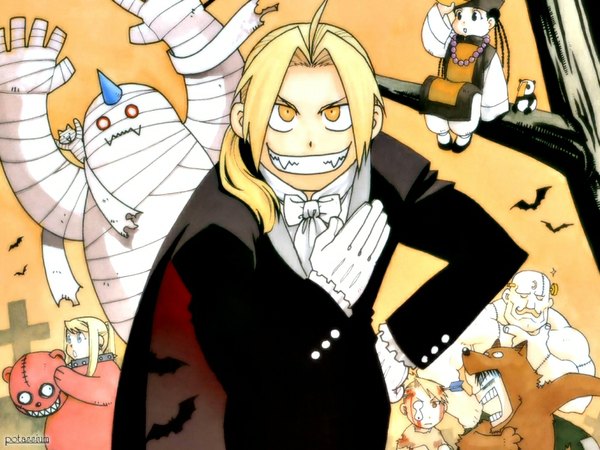 Anime picture 1024x768 with fullmetal alchemist studio bones edward elric alphonse elric winry rockbell roy mustang riza hawkeye blonde hair smile yellow eyes ahoge horn (horns) cosplay vampire girl boy plant (plants) animal tree (trees) blood