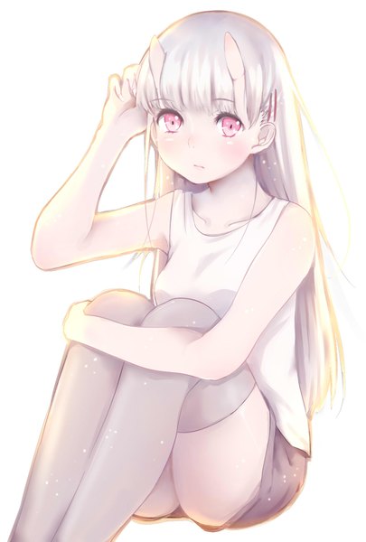 Anime picture 1181x1748 with original fuu (07199382) single long hair tall image looking at viewer fringe simple background white background sitting silver hair pink eyes horn (horns) sleeveless hand on head oni horns leg hug girl thighhighs shorts