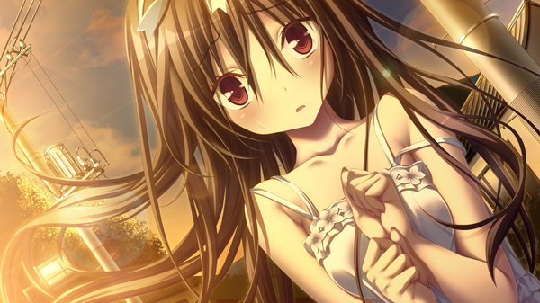 Anime picture 1280x720 with amatsutsumi purple software oribe kokoro single long hair looking at viewer blush open mouth black hair red eyes wide image game cg girl sundress