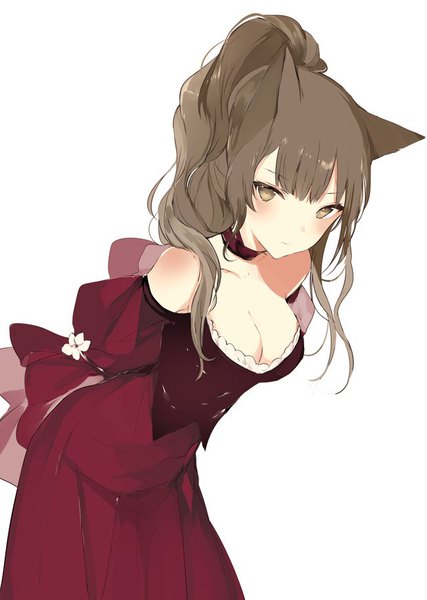 Anime picture 650x914 with original lpip single long hair tall image looking at viewer blush fringe breasts simple background brown hair large breasts white background bare shoulders brown eyes animal ears cleavage ponytail leaning leaning forward