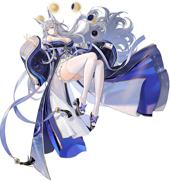 Anime picture 1919x2047 with azur lane shinano (azur lane) single long hair tall image fringe highres breasts blue eyes light erotic large breasts bare shoulders animal ears cleavage silver hair bent knee (knees) traditional clothes japanese clothes animal tail off shoulder