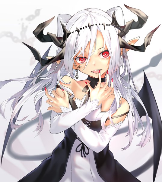 Anime picture 2184x2440 with original kesuno single long hair tall image looking at viewer fringe highres simple background hair between eyes red eyes standing white background twintails bare shoulders payot upper body white hair tail nail polish