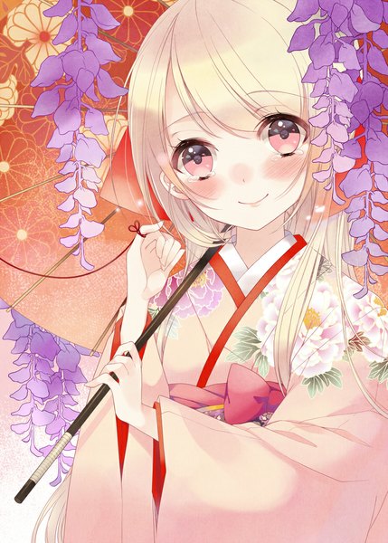 Anime picture 740x1035 with original ishikawa sae (artist) single long hair tall image looking at viewer blush blonde hair smile brown eyes traditional clothes girl flower (flowers) plant (plants) umbrella teardrop oriental umbrella wisteria