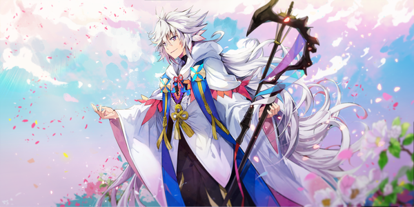 Anime picture 1456x730 with fate (series) fate/grand order merlin (fate) bosack single fringe smile hair between eyes wide image purple eyes looking away sky silver hair cloud (clouds) very long hair outstretched arm boy flower (flowers) petals tassel