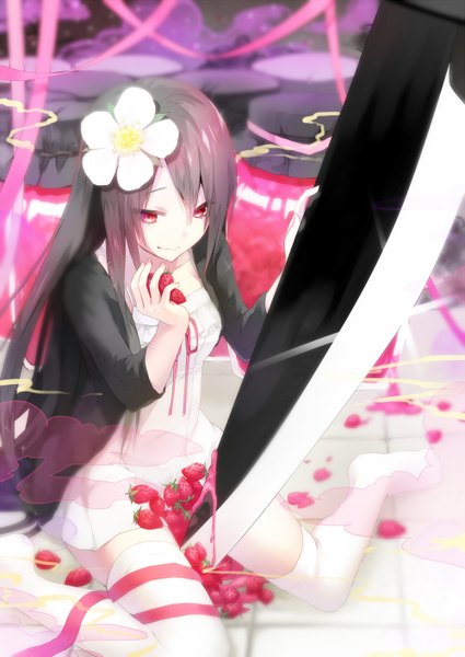 Anime picture 1000x1412 with original hijiri-ssh single long hair tall image smile red eyes brown hair sitting hair flower no shoes girl thighhighs dress hair ornament flower (flowers) ribbon (ribbons) white thighhighs food white dress
