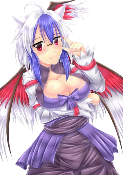 Anime picture 1000x1414 with touhou tokiko (touhou) xano501 single tall image blush fringe short hair breasts light erotic simple background hair between eyes red eyes large breasts white background purple hair ahoge white hair multicolored hair horn (horns)