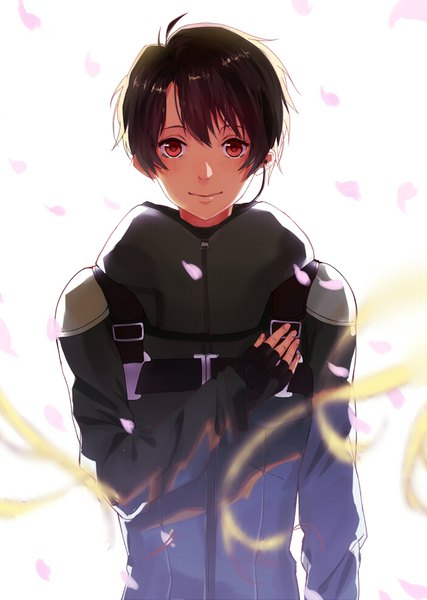 Anime picture 700x984 with aldnoah.zero a-1 pictures asseylum vers allusia kaizuka inaho kurio19980321 tall image looking at viewer blush fringe short hair black hair simple background blonde hair hair between eyes red eyes white background upper body light smile hand on chest solo focus