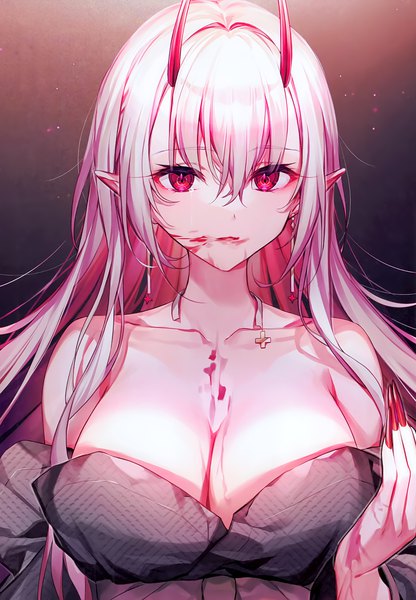 Anime picture 2086x3011 with original komeshiro kasu single long hair tall image looking at viewer fringe highres breasts light erotic simple background hair between eyes large breasts bare shoulders pink hair cleavage upper body nail polish pink eyes horn (horns)