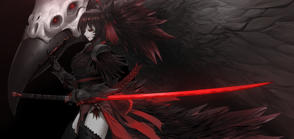 Anime picture 5080x2413 with rwby rooster teeth grimm raven branwen dishwasher1910 single long hair looking at viewer fringe highres black hair simple background hair between eyes red eyes wide image standing holding payot absurdres ahoge