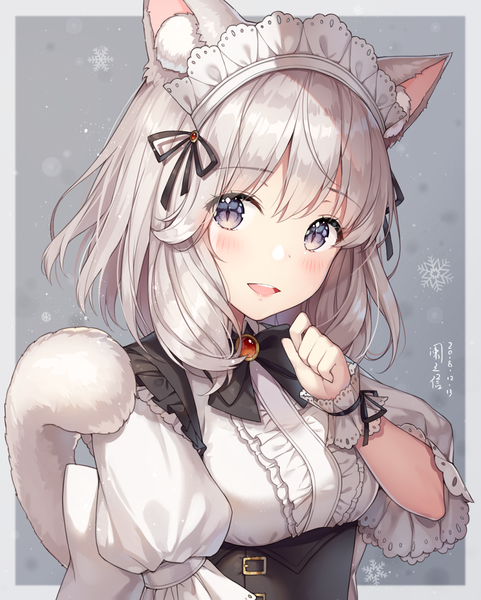 Anime picture 1052x1312 with final fantasy final fantasy xiv square enix miqo'te ayuanlv single tall image looking at viewer blush fringe short hair breasts open mouth simple background smile hair between eyes purple eyes signed animal ears silver hair
