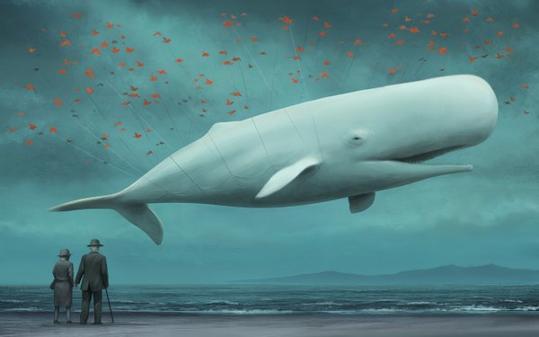 Anime picture 1280x800 with original ka92 (pixiv) open mouth wide image standing holding back mountain flying old woman boy hat animal sea bird (birds) whale