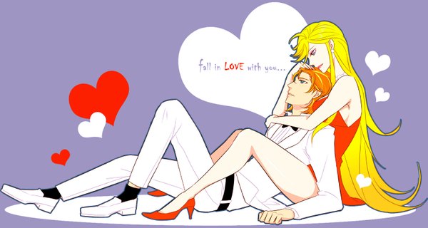 Anime picture 1500x800 with panty & stocking with garterbelt anarchy panty rock briefers long hair short hair light erotic blonde hair wide image profile orange hair couple hug girl dress boy shoes heart suit red dress