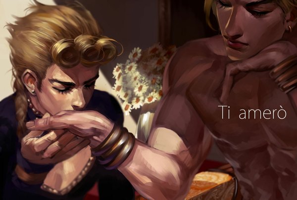 Anime picture 1184x800 with jojo no kimyou na bouken dio brando giorno giovanna emg (christain) long hair blonde hair braid (braids) eyes closed lips inscription arm support multiple boys piercing single braid drill hair ear piercing topless muscle kiss father and son