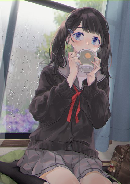 Anime picture 1416x2000 with original purimo (xxxmofmof) single long hair tall image blush fringe blue eyes black hair sitting twintails holding looking away indoors blunt bangs long sleeves pleated skirt no shoes wariza rain