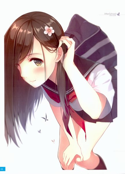 Anime picture 4801x6651 with original aki (caidychen) caidychen single long hair tall image looking at viewer blush fringe highres simple background smile brown hair standing white background brown eyes yellow eyes absurdres pleated skirt hair flower