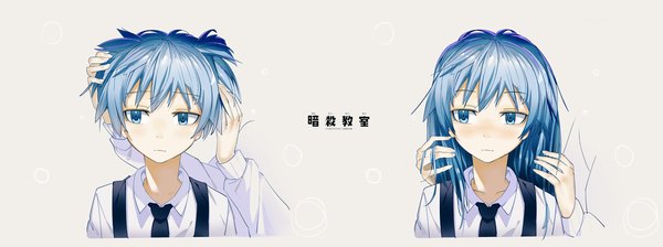 Anime picture 2675x1000 with ansatsu kyoushitsu shiota nagisa el-zheng long hair blush fringe highres blue eyes wide image blue hair looking away grey background two side up embarrassed alternate hairstyle multiview hair down boy necktie hand