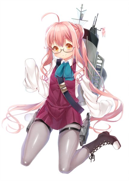 Anime picture 1000x1400 with kantai collection makigumo destroyer hattori (junoct2000) single long hair tall image blush simple background white background pink hair ahoge long sleeves light smile girl weapon pantyhose glasses boots