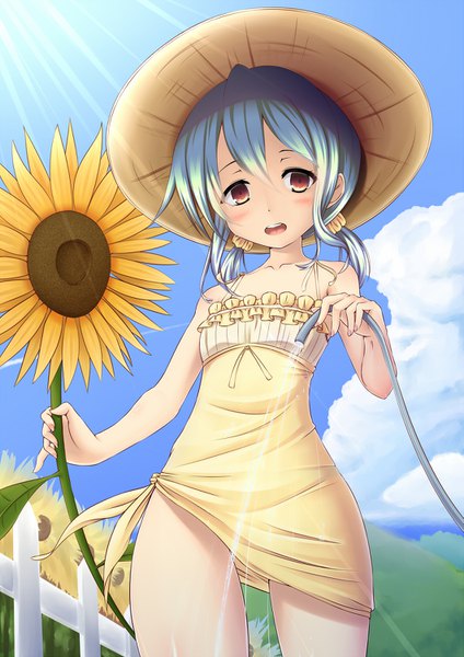 Anime picture 1061x1500 with original ocha (gogonuko) single tall image looking at viewer blush open mouth light erotic twintails bare shoulders sky cloud (clouds) sunlight low twintails sunbeam girl dress flower (flowers) hat water