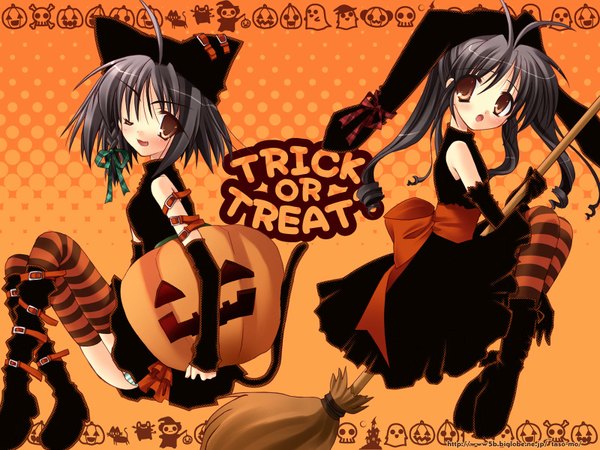 Anime picture 1600x1200 with tagme (artist) light erotic pantyshot wallpaper pantyshot sitting striped halloween trick or treat girl thighhighs dress gloves underwear panties detached sleeves elbow gloves boots black dress striped thighhighs knee boots