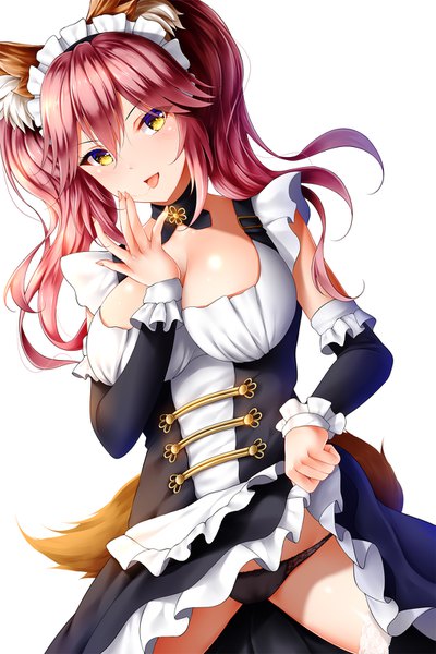 Anime picture 1067x1600 with fate (series) fate/grand order tamamo (fate) (all) tamamo no mae (fate) wsman single long hair tall image blush fringe breasts light erotic simple background hair between eyes large breasts white background sitting twintails animal ears yellow eyes