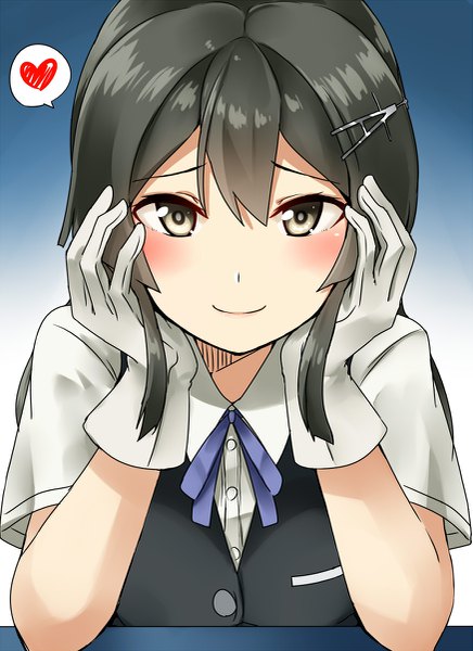 Anime picture 873x1200 with kantai collection oyashio (kantai collection) kamelie single long hair tall image looking at viewer blush fringe black hair simple background smile hair between eyes arm support grey eyes gradient background portrait blue background hand on face girl