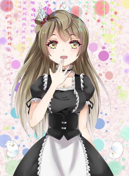 Anime picture 1080x1471 with love live! school idol project sunrise (studio) love live! minami kotori pkq long hair tall image looking at viewer blush fringe breasts open mouth smile brown hair yellow eyes payot maid puffy sleeves side ponytail happy