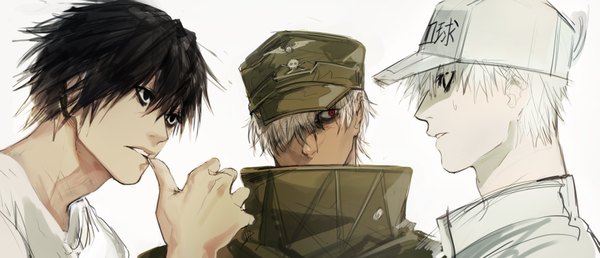 Anime picture 3646x1572 with death note hellsing hataraku saibou madhouse david production l (death note) white blood cell (hataraku saibou) u-1146 captain (hellsing) haban (haban35) fringe highres short hair black hair simple background hair between eyes red eyes wide image white background looking away