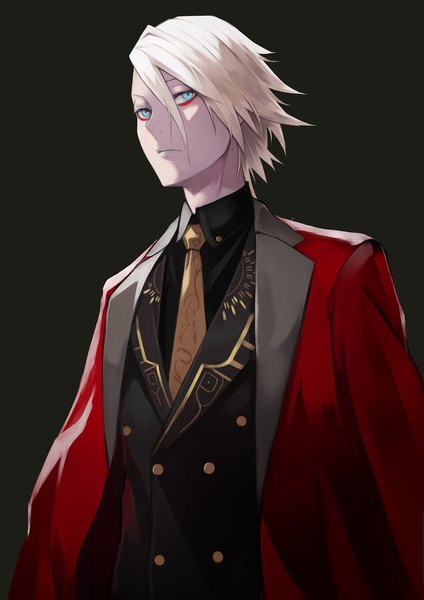 Anime picture 1060x1500 with fate (series) fate/grand order karna (fate) karna (formal dress) (fate) yoshio (55level) single tall image fringe short hair simple background hair between eyes looking away upper body white hair aqua eyes black background eyeshadow clothes on shoulders boy shirt