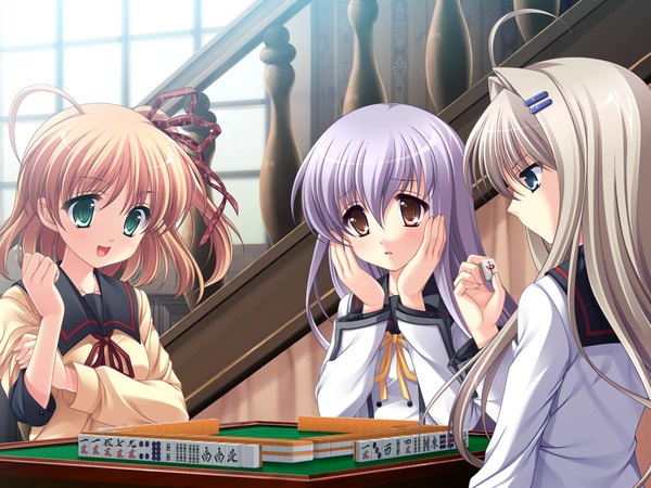 Anime picture 1600x1200 with tasogare no saki ni noboru ashita odawara hakone long hair short hair open mouth blue eyes blonde hair multiple girls brown eyes green eyes game cg silver hair white hair mahjong girl uniform school uniform 3 girls