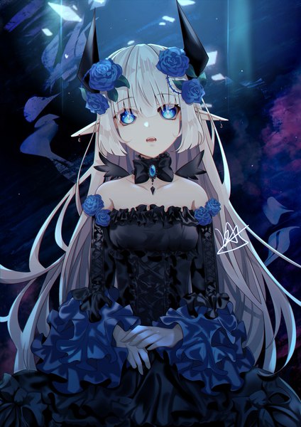 Anime picture 2480x3508 with original kurousagi neko single long hair tall image looking at viewer fringe highres open mouth blue eyes hair between eyes standing bare shoulders signed payot silver hair :d hair flower horn (horns) pointy ears