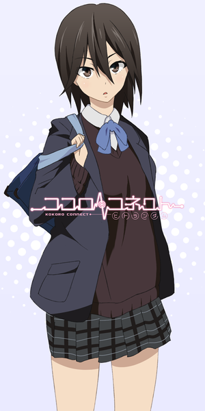 Anime picture 500x1000 with kokoro connect silver link inaba himeko mokkei (artist) single tall image looking at viewer short hair open mouth black hair brown eyes girl uniform school uniform sweater school bag blazer