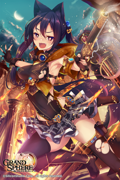 Anime picture 800x1200 with grand sphere fukai ryosuke long hair tall image looking at viewer blush breasts open mouth light erotic black hair twintails holding brown eyes animal ears cat ears cat girl torn clothes crescent girl thighhighs