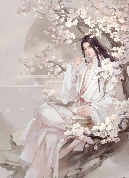 Anime picture 1000x1377 with original mag moe single long hair tall image black hair brown hair sitting brown eyes traditional clothes cherry blossoms turning head boy plant (plants) tree (trees) branch yunomi