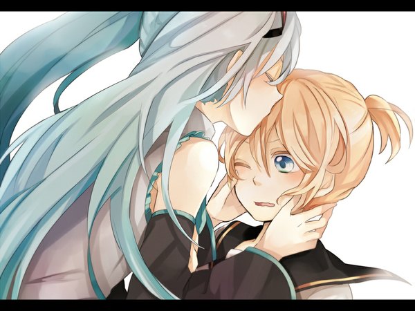 Anime picture 1000x750 with vocaloid hatsune miku kagamine len tama (songe) long hair blush short hair open mouth blue eyes simple background blonde hair white background twintails bare shoulders one eye closed wink aqua hair couple letterboxed kiss