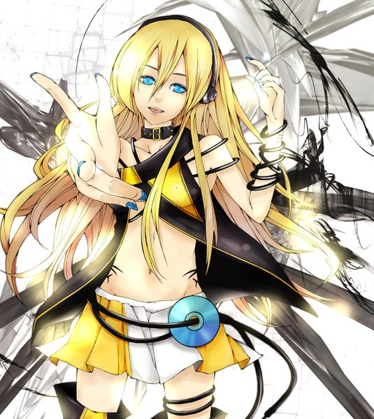 Anime picture 1500x1682 with vocaloid lily (vocaloid) origa (artist) single long hair tall image blue eyes blonde hair nail polish girl bracelet headphones wire (wires)