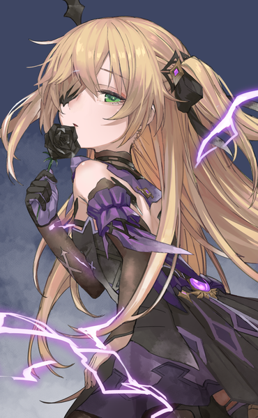 Anime picture 1273x2065 with genshin impact fischl (genshin impact) metsurin single long hair tall image looking at viewer fringe simple background blonde hair hair between eyes holding green eyes payot parted lips looking back two side up gradient background blue background electricity