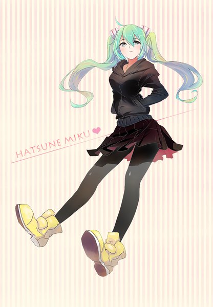 Anime picture 694x1000 with vocaloid hatsune miku saitou (lynx-shrike) single long hair tall image looking at viewer blush fringe twintails ahoge pleated skirt aqua eyes aqua hair character names striped hands in pockets casual striped background girl