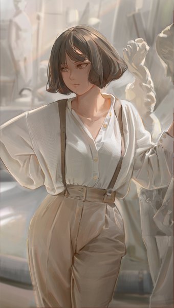 Anime picture 2217x3910 with original free style (yohan1754) single tall image fringe highres short hair brown hair standing brown eyes looking away long sleeves arm behind back bob cut girl shirt white shirt pants suspenders statue
