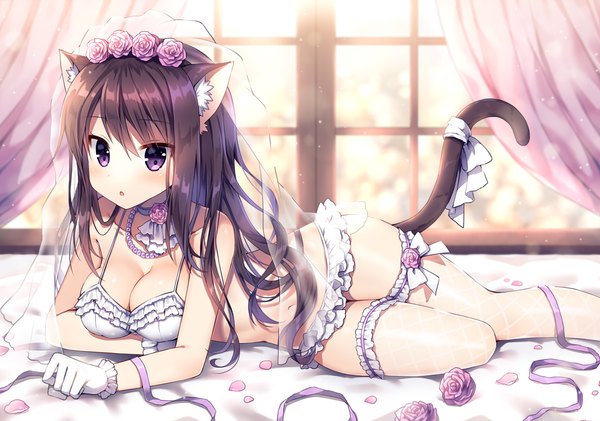 Anime picture 1080x758 with original mauve single long hair fringe breasts light erotic black hair hair between eyes large breasts purple eyes animal ears tail lying animal tail cat ears cat girl cat tail underwear only on side
