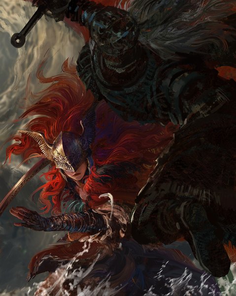 Anime picture 959x1200 with elden ring malenia blade of miquella tarnished (elden ring) bloody wolf (elden ring) chenkai (artist) long hair tall image red hair jumping battle girl boy weapon sword armor helmet splashes
