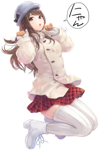 Anime picture 906x1280 with original carina (xiaowoo) single long hair tall image open mouth simple background brown hair white background brown eyes bent knee (knees) pleated skirt inscription plaid skirt lacing jumping girl thighhighs skirt gloves