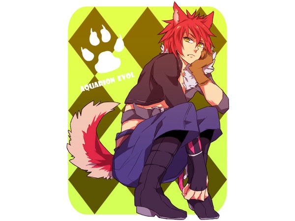 Anime picture 1024x768 with aquarion (series) aquarion evol satelight kagura demuri single short hair simple background animal ears yellow eyes red hair animal tail boy gloves boots