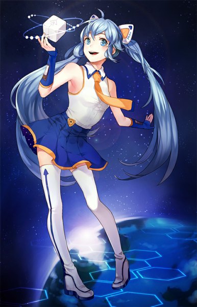 Anime picture 644x1000 with vocaloid hatsune miku naguri single long hair tall image looking at viewer blush open mouth blue eyes twintails bare shoulders animal ears blue hair cat ears spread arms girl detached sleeves necktie thigh boots