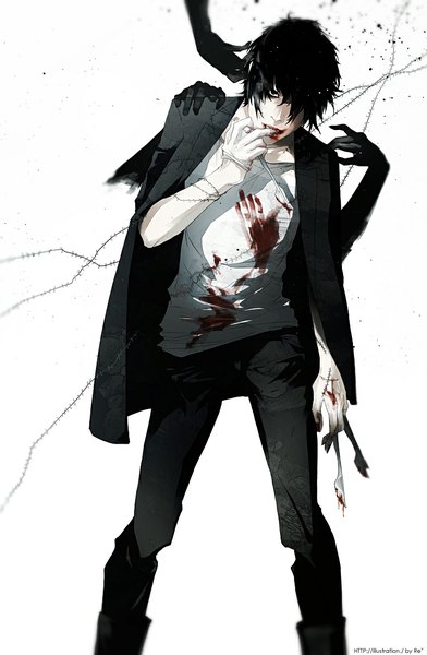 Anime picture 749x1145 with original re (artist) tall image looking at viewer short hair black hair white background black eyes finger to mouth boy gloves white gloves blood single glove hands stitches scalpel
