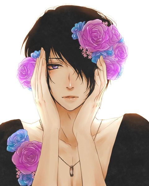 Anime picture 800x1000 with kuroko no basket production i.g himuro tatsuya nayuta (hanayushi) single tall image looking at viewer fringe short hair black hair simple background white background purple eyes parted lips hair flower hair over one eye mole mole under eye hands on face boy
